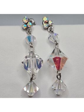 Aurora Borealis AB Crystal Dangle Pierced Earrings 1.5" Sparkly Iridescent